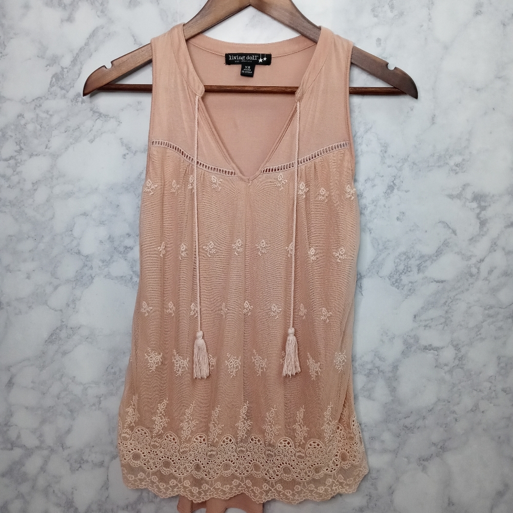 Living Doll Top Women Size XS Neutral Tan Lace Sleeveless